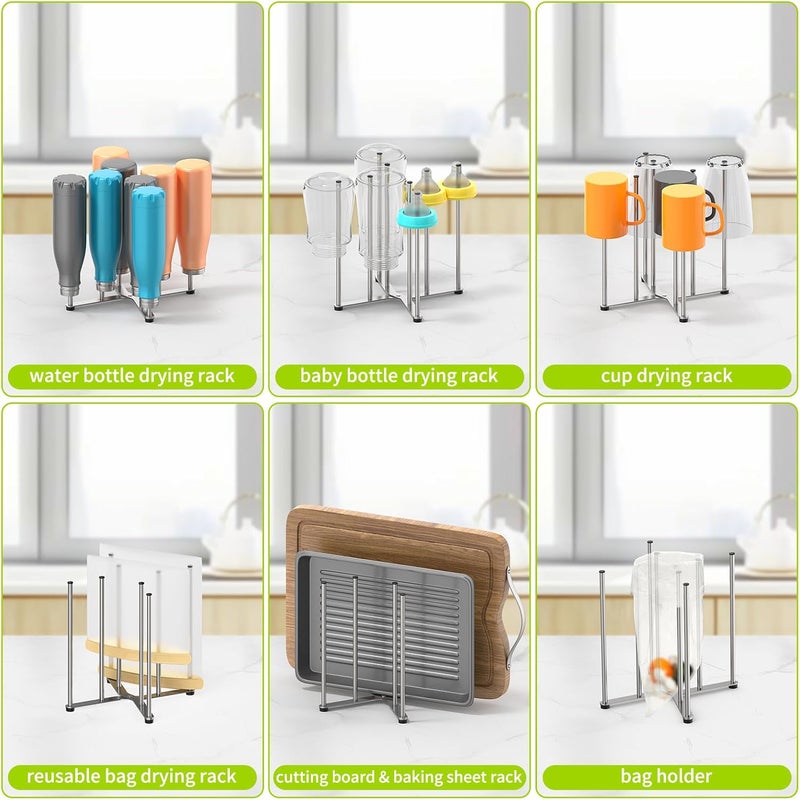 SHILFID Reusable Bag & Bottle Drying Rack, Baby Bottle Drying Rack, Collapsible Cup Drying Rack for Glass, Mugs -Stainless Steel Countertop Organizer - Image 3